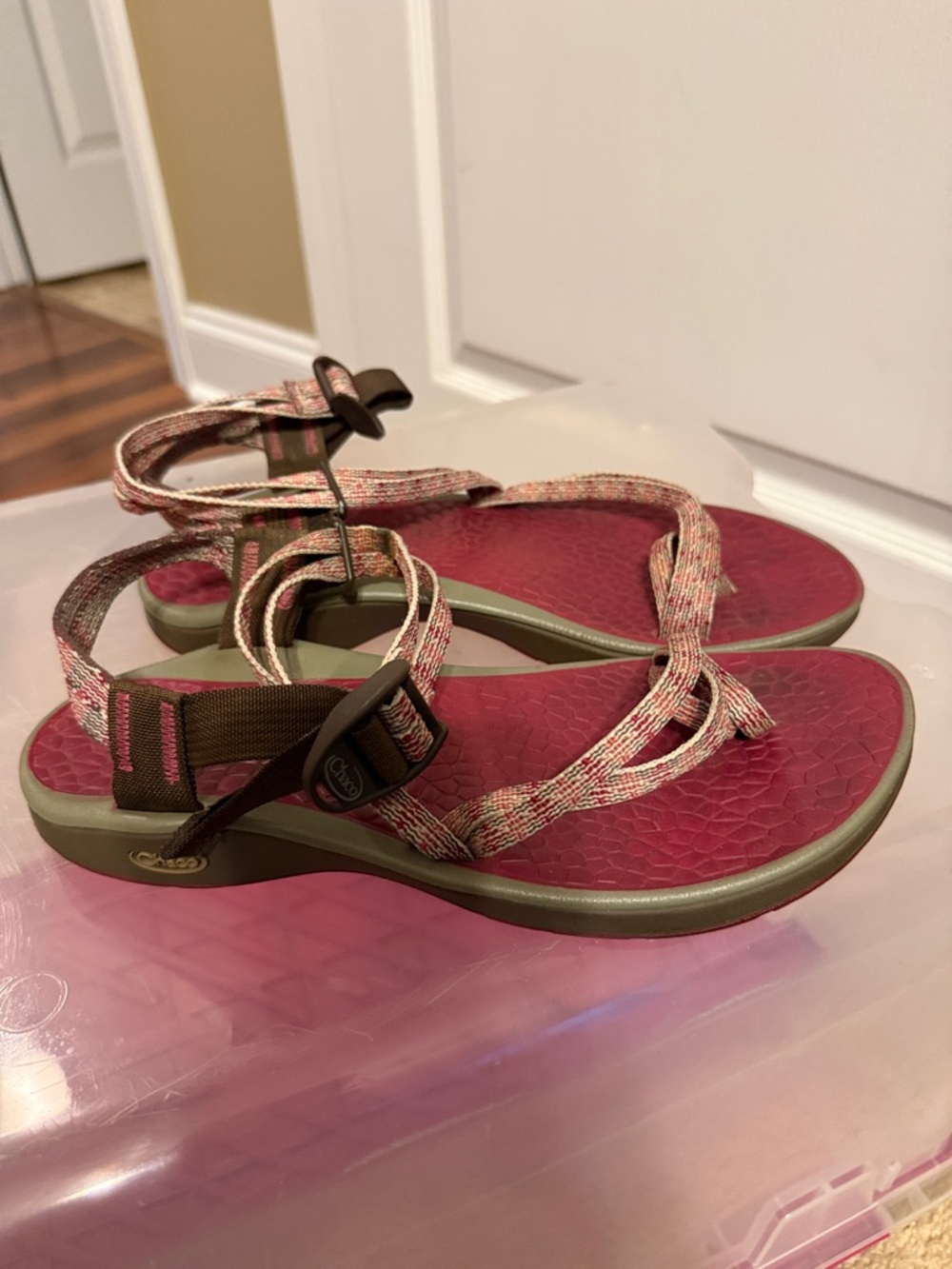 Chaco Women's Strappy Sport Sandal in Raspberry Pink and Olive